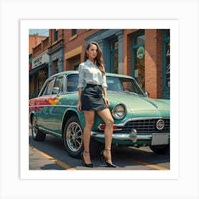 Woman Posing Next To Car Art Print