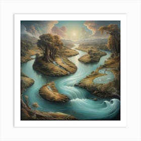 A surrealistic painting of a river, with dreamlike imagery and unexpected elements, inviting the viewer to explore their imagination. Art Print