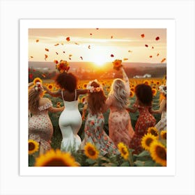 Bridesmaids In Sunflower Field 1 Art Print