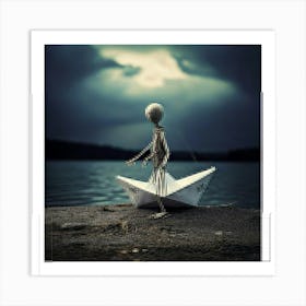 Firefly Melancholy Stick Doll With Paper Boat On Gloomy Backdrop 1638 Art Print