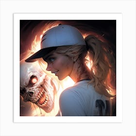 Girl In A Baseball Cap and skull Art Print