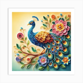 Peacock on flower branch 6 Art Print