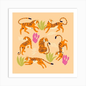 Tigers On Beige With Tropical Leaves Square Art Print