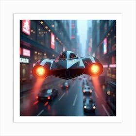 Sleek Futuristic Flying Car With Glowing Engines, Soaring Through A Neon Lit City 1 Art Print