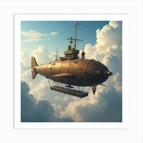 Steampunk Airship Soaring Through The Clouds With Ornate Brass Detailing 1 Art Print