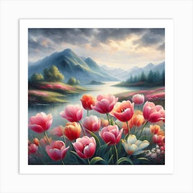 Tulips By The Lake Art Print