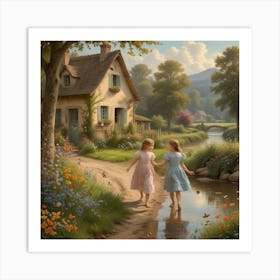 Two Girls Walking By A Stream 1 Art Print