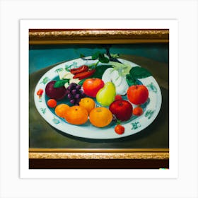 Chinese Oil Paintings With Fruit And Vegetables In A Plate In Top Of A Table Art Print