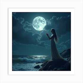 A Beautiful Siren Singing On A Rocky Shore Under A Full Moon 1 Art Print