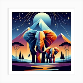 The Soulful Siblings Elephants In The Night Sky Art Print