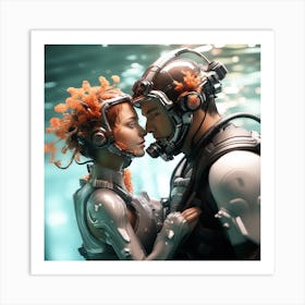 3d Dslr Photography Couples Inside Under The Sea Water Swimming Holding Each Other, Cyberpunk Art, By Krenz Cushart, Both Are Wearing A Futuristic Swimming With Helmet Suit Of Power Armor 4 Art Print