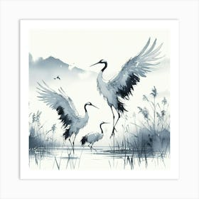 Dance of cranes, water colour Art Print