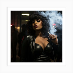 A Smoking Hot Voluptuous Sexy Black Woman In A Black Latex Dress Smoke in Back Ground - Created by Midjourney Art Print