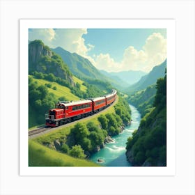 Elegant Train Moving Through A Lush Watercolor Painted Valley 1 Art Print