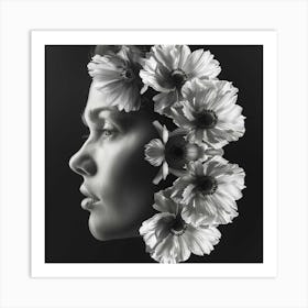 Portrait Of A Woman With Flowers In Her Hair Art Print