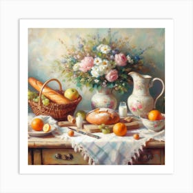 Table With Bread And Oranges Art Print