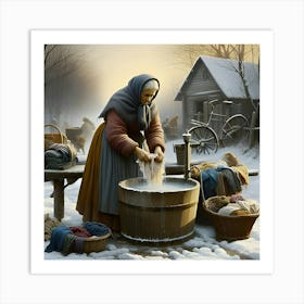 An Old Woman Washing Her Clothes In The Winter In The Style Of Renaissance Art With A Narrow Aspect Ratio 3 Art Print