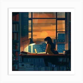 Girl Working At Desk Art Print