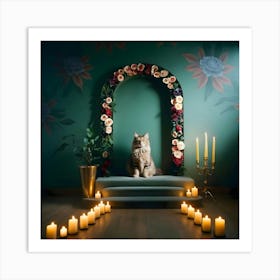 Cat Sitting In Front Of Candles Art Print