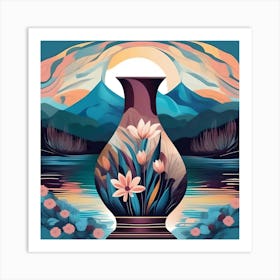 Vase decorated with landscapes and flowers, pastel colors Art Print