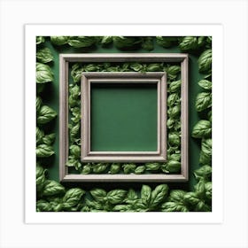 Frame With Basil Leaves On Green Background Art Print