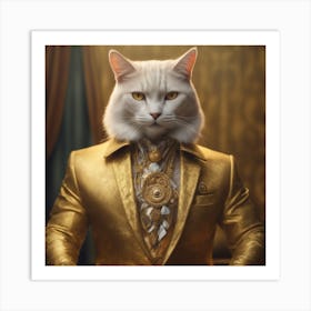 A Super Wealthy Hippie Muscular Cat Wearing A Beautiful Tailored Golden Suit, Heterochromia Iridum,M Art Print