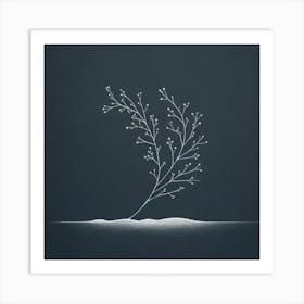 "Solitude in Frost"  In this artwork, a lone branch adorned with frosty buds stands resilient against a deep navy backdrop, its stark white highlights whispering the arrival of winter's touch.  Embrace the hushed elegance of winter with this piece, where the simplicity of a single frost-kissed branch against a serene nocturnal sky brings a peaceful balance to any space, inviting reflection and calm. Art Print