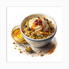 Healthy Breakfast Bowl: A Bowl Of Granola With Yogurt, Berries, And Honey Art Print