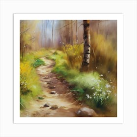 Path In The Woods.A dirt footpath in the forest. Spring season. Wild grasses on both ends of the path. Scattered rocks. Oil colors.27 Art Print