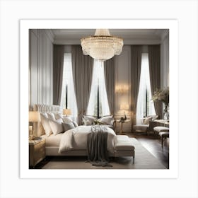 A Luxurious White Bed Sits In A Modern Yet Elegant Bedroom Centered Under A Chandelier, Surrounded By Pillows And Windows Providing Natural Light 1 Art Print
