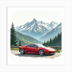 Sports Car Under A Picturesque Mountain Range, Watercolor Painting 1 Art Print