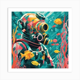 Diver With Fishes Cubism Style Art Print