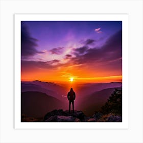 A Serene Photograph Captures A Solitary Figure Standing Atop A Rugged Mountain Peak Art Print