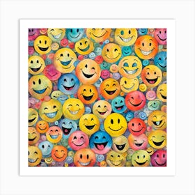 Smiley Faces, Whimsical Collage Featuring An Eclectic Array Of Hand Drawn Smiley Faces Varied In Style Art Print