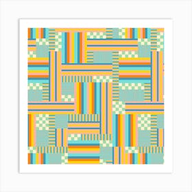 CHECKS AND STRIPES Retro Abstract Geometric Checkerboard Patchwork in Mid-Century Modern Summer Blue Green Orange Yellow with Mint and White Art Print