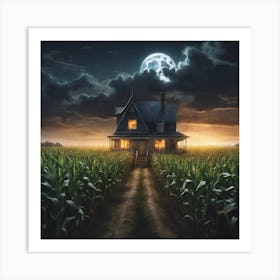 Sentinel Under a Gloomy Moon: A House Lost in the Corn Maze Art Print