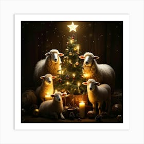 Sheep Family Gathered Around A Festively Decorated Christmas Tree Adorned With Baubles And Topped W 1 Art Print