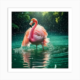 Firefly Green, Soft, Plush, Flamingo, Swimming, Transparent, Glass Lake, Sunlight, Snow, Falling, Re (3) Art Print