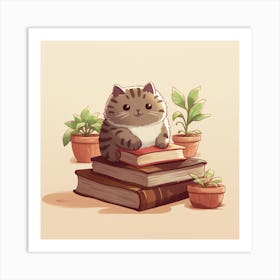 Adorable Cat Sitting On Books Surrounded by Plants Art Print