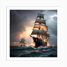 Pirate Ship In Stormy Sea Art Print