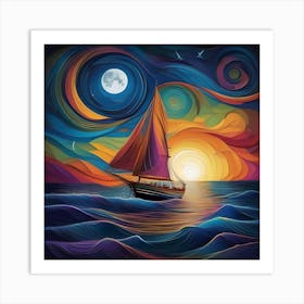 A Sailboat On The Sea, Sun And Moon, Multicolor Art Print