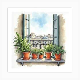 Watercolor Of A Parisian Apartment Balcony With Potted Plants And City Views 1 Art Print