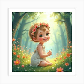 Baby Girl With A Floral Headband In A Magical Watercolor Forest Art Print