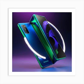 A Highly Detailed, Futuristic 3d Rendered Depiction Of A Sleek Mobile Phone, Showcasing A Vibrant, Electric Blue And Neon Green Color Scheme With Metallic Accents, Set Against A Dark, Gradient Purple Background Art Print