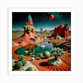 A surreal and imaginative landscape with red sand, and strange trees. Art Print