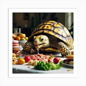 Tortoise Eating Greedily All The Delicious Food And Drinks (2) Art Print
