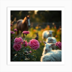 Pink Roses And Sheep Art Print