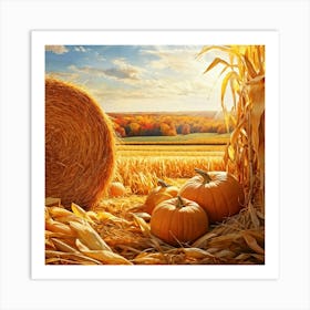 Autumn Harvest Scene Featuring Oversized Pumpkins Nestled Among Stalks Of Sunlit Corn Bales Of Hay 2 1 Art Print