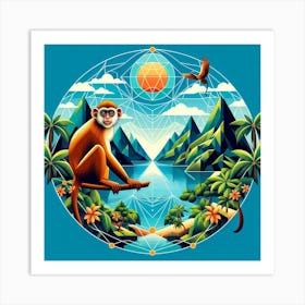 Geometric Art Tropical lake and monkey 1 Art Print