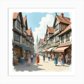 A Bustling English Shopping District With Street Performers, Watercolor 1 Art Print